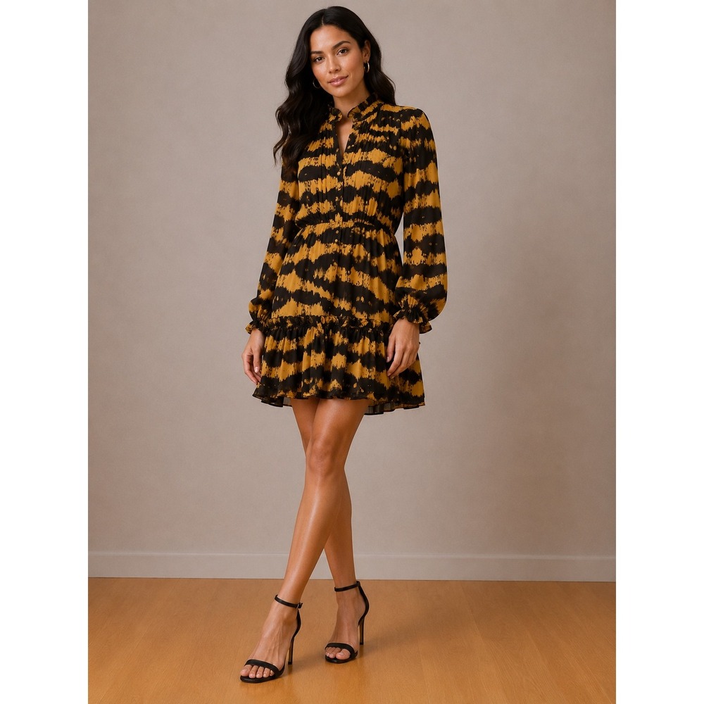 Buddy Love Grace Mini Dress Mustard Brown Tiger Print Ruffle Long Sleeve Medium - Picture 2 of 15